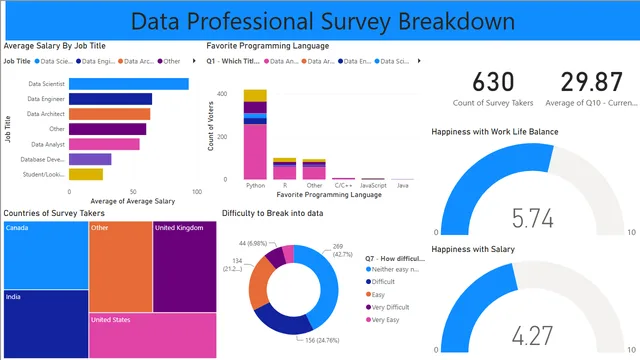 डेटा प्रोफेशनल सर्वे ब्रेकडाउन डैशबोर्ड — Power BI में Governança BI डैशबोर्ड