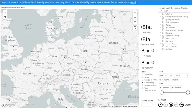 2021-06 New South Wales Outbreak Paths by Area — Governança BI dashboard in Power BI
